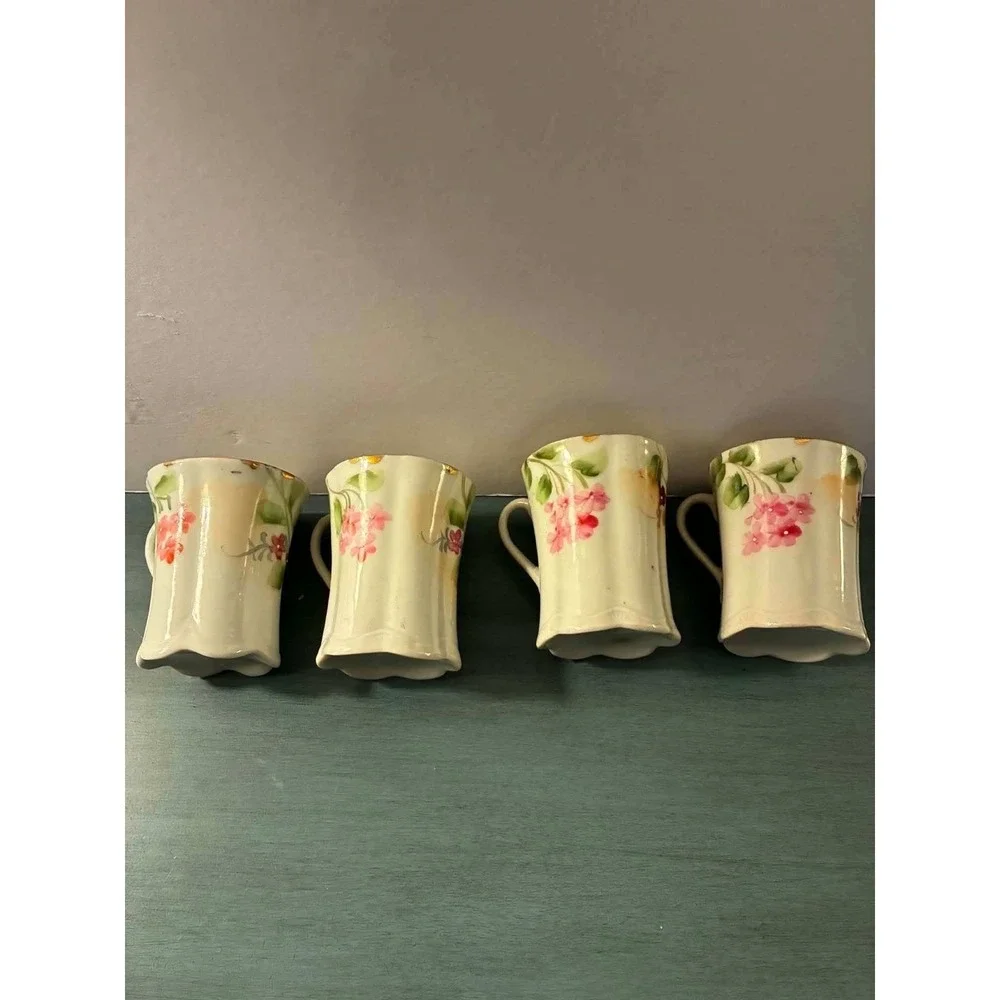 Vintage Porcelain Demitasse Cups Set of 4 Pink Floral Gold Trim Tea EspressoCups